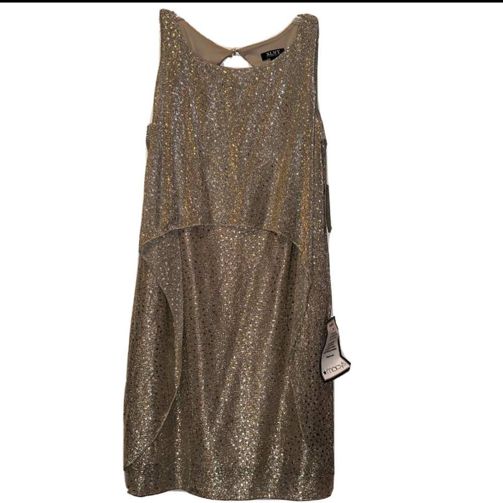SLNY Gold Metallic Sparkle Keyhole Back Cocktail Holiday Dress Size 6